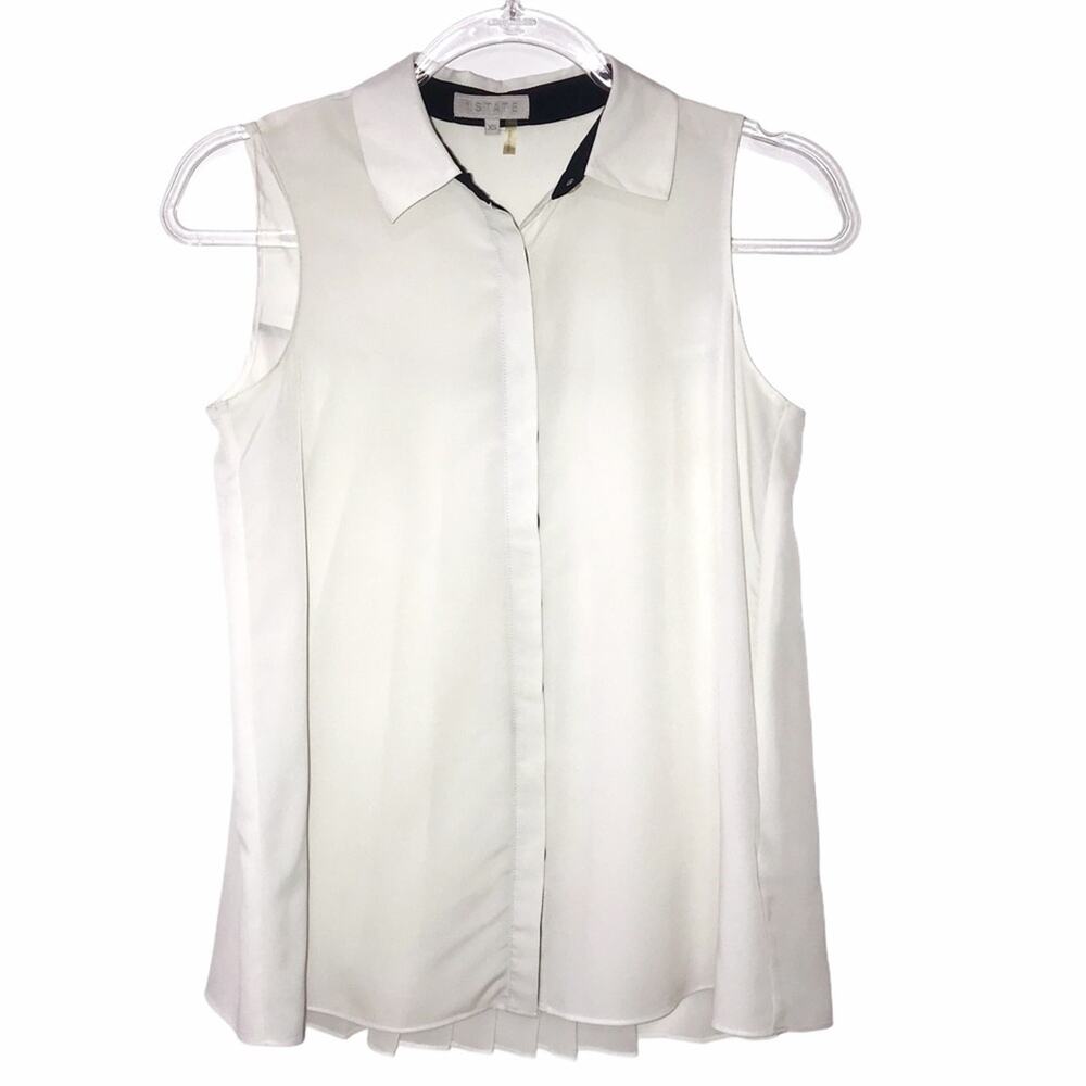 1 State Sleeveless Ivory w/ Black Trim Button Front Pleated Back Top Blouse XS